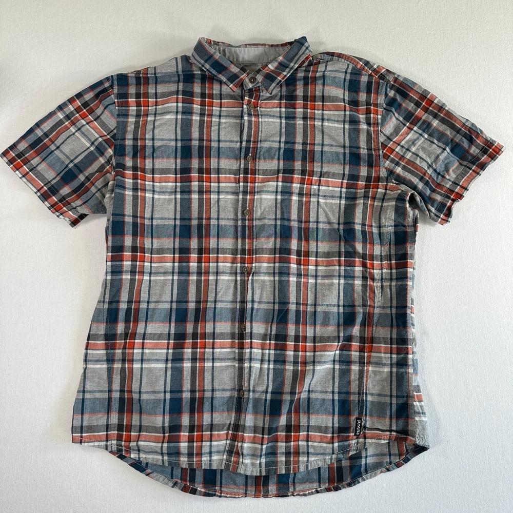 prAna Mens Plaid Polo Shirt Size XL Blue Orange Collard Tee